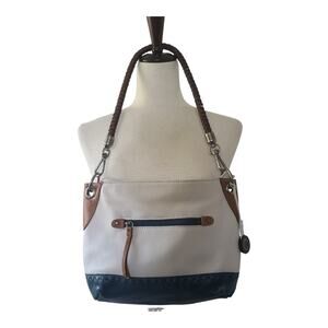 The Sak Tan Green Brown Leather Braided Strap Shoulder Bag Handbag Purse